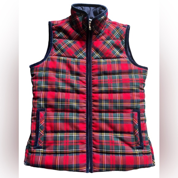 J. Crew Red Tartan Plaid Mountain Wool Blend Puffer Vest Velvet Trim- Size XS - Picture 2 of 14